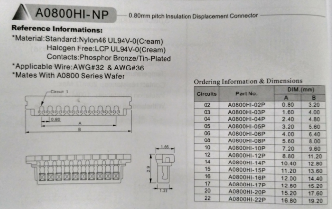 conector do conector SUR do deslocamento da isolação do passo de 0.8mm para AWG32#